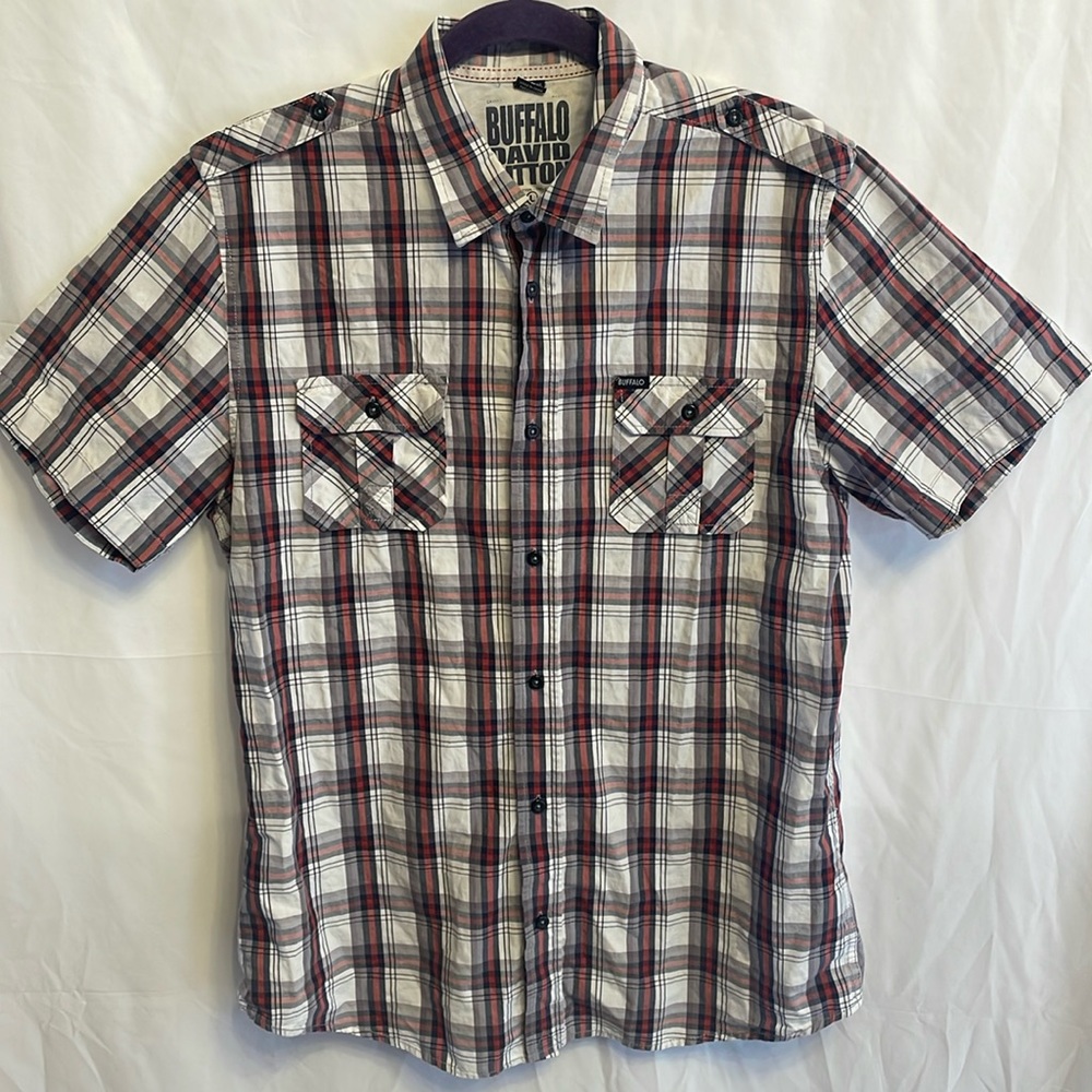 Buffalo Plaid Short Sleeve Button Up Shirt Large Western Lumberjack Cowboy Manly